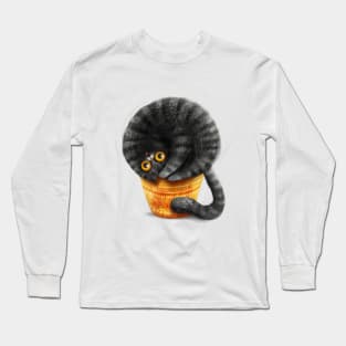 Black cat on a yellow pot Long Sleeve T-Shirt